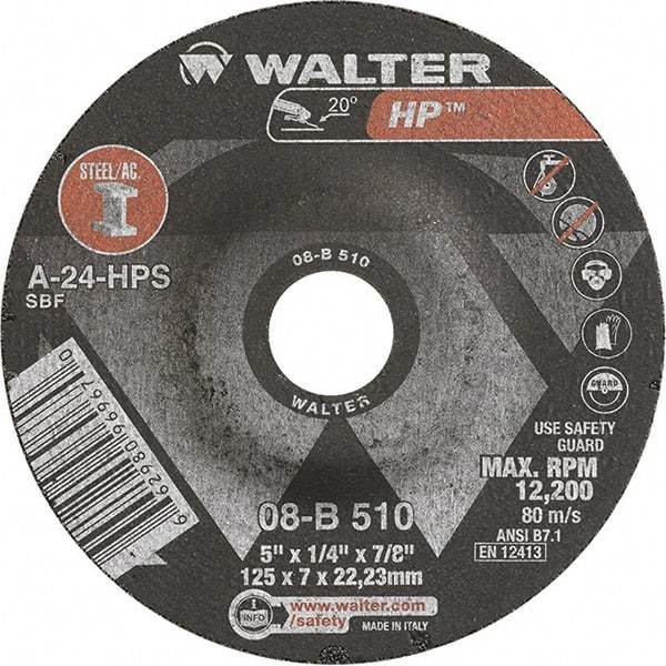 WALTER Surface Technologies - 24 Grit, 5" Wheel Diam, 1/4" Wheel Thickness, 7/8" Arbor Hole, Type 27 Depressed Center Wheel - Aluminum Oxide, Resinoid Bond, 12,200 Max RPM - Eagle Tool & Supply