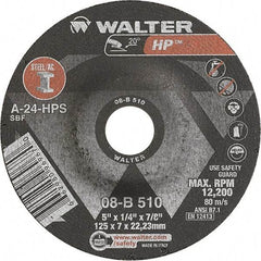 WALTER Surface Technologies - 24 Grit, 5" Wheel Diam, 1/4" Wheel Thickness, 7/8" Arbor Hole, Type 27 Depressed Center Wheel - Aluminum Oxide, Resinoid Bond, 12,200 Max RPM - Eagle Tool & Supply