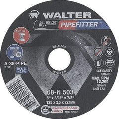 WALTER Surface Technologies - 36 Grit, 5" Wheel Diam, 3/32" Wheel Thickness, 7/8" Arbor Hole, Type 27 Depressed Center Wheel - Aluminum Oxide/Silicon Carbide Blend, Resinoid Bond, 12,200 Max RPM - Eagle Tool & Supply