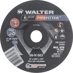 WALTER Surface Technologies - 36 Grit, 6" Wheel Diam, 3/32" Wheel Thickness, 7/8" Arbor Hole, Type 27 Depressed Center Wheel - Aluminum Oxide/Silicon Carbide Blend, Resinoid Bond, 10,200 Max RPM - Eagle Tool & Supply