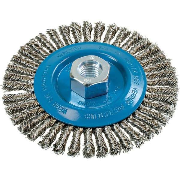 WALTER Surface Technologies - 5" OD, 5/8-11 Arbor Hole, Stringer Bead Stainless Steel Wheel Brush - 1/4" Face Width, 0.02" Filament Diam, 15,000 RPM - Eagle Tool & Supply