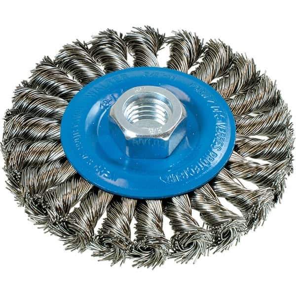 WALTER Surface Technologies - 4" OD, 5/8-11 Arbor Hole, Knotted Stainless Steel Wheel Brush - 3/8" Face Width, 0.02" Filament Diam, 20,000 RPM - Eagle Tool & Supply