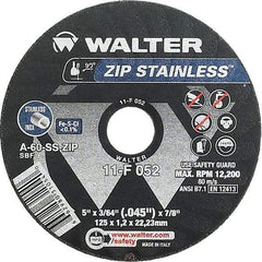 WALTER Surface Technologies - 5" 60 Grit Aluminum Oxide/Silicon Carbide Blend Cutoff Wheel - 3/64" Thick, 7/8" Arbor, 12,200 Max RPM, Use with Angle Grinders - Eagle Tool & Supply