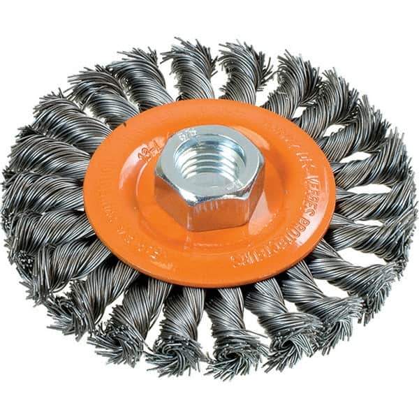 WALTER Surface Technologies - 4" OD, 5/8-11 Arbor Hole, Knotted Steel Wheel Brush - 3/8" Face Width, 0.02" Filament Diam, 20,000 RPM - Eagle Tool & Supply