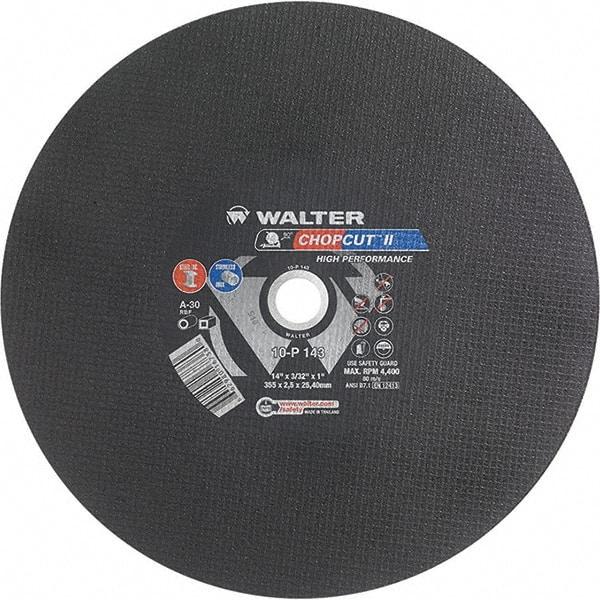 WALTER Surface Technologies - 14" 30 Grit Aluminum Oxide Cutoff Wheel - 3/32" Thick, 1" Arbor, 4,400 Max RPM, Use with Chop Saws - Eagle Tool & Supply