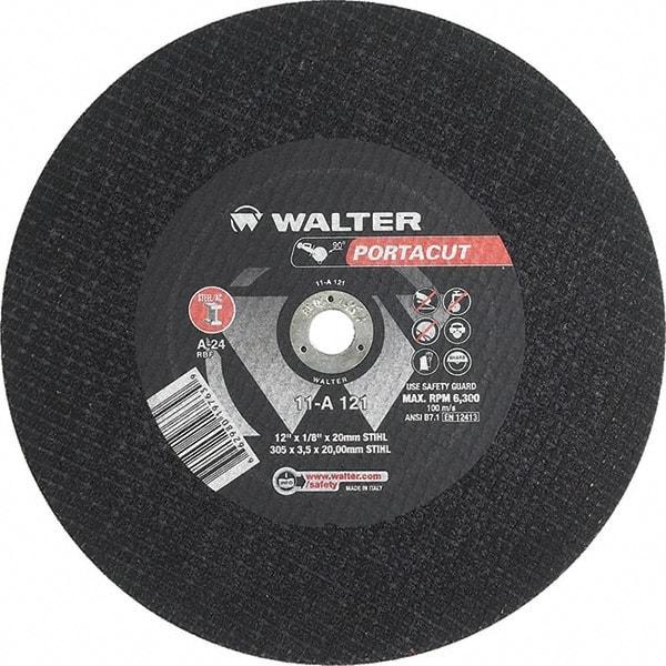 WALTER Surface Technologies - 12" 24 Grit Aluminum Oxide Cutoff Wheel - 1/8" Thick, 20mm Arbor, 6,300 Max RPM, Use with Electric & Gas Powered Saws - Eagle Tool & Supply