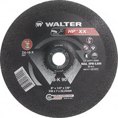 WALTER Surface Technologies - 16 Grit, 9" Wheel Diam, 1/4" Wheel Thickness, 7/8" Arbor Hole, Type 28 Depressed Center Wheel - Aluminum Oxide, Resinoid Bond, 6,600 Max RPM - Eagle Tool & Supply