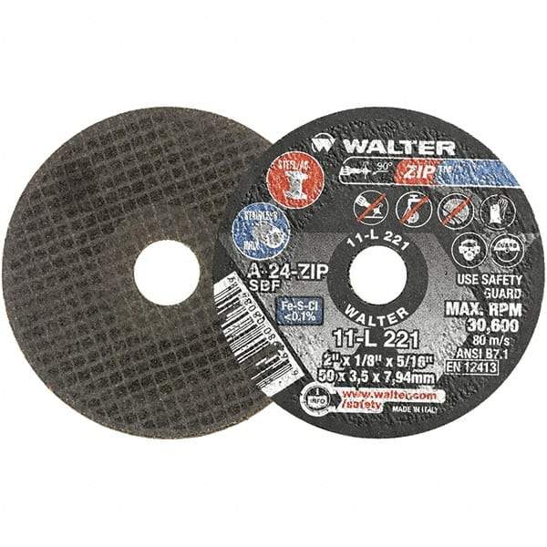 WALTER Surface Technologies - 2" 24 Grit Aluminum Oxide Cutoff Wheel - 1/8" Thick, 5/16" Arbor, 31,000 Max RPM, Use with Die Grinders - Eagle Tool & Supply