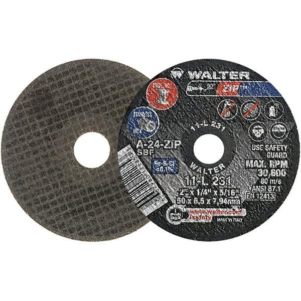 WALTER Surface Technologies - 2" 24 Grit Aluminum Oxide Cutoff Wheel - 1/4" Thick, 5/16" Arbor, 31,000 Max RPM, Use with Die Grinders - Eagle Tool & Supply