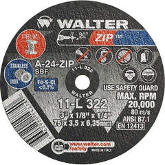 WALTER Surface Technologies - 3" 24 Grit Aluminum Oxide Cutoff Wheel - 1/8" Thick, 1/4" Arbor, 25,470 Max RPM, Use with Die Grinders - Eagle Tool & Supply