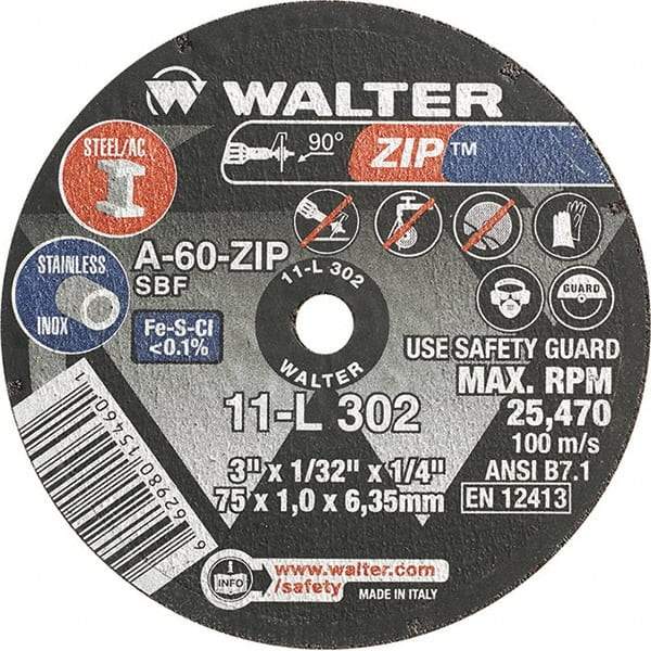 WALTER Surface Technologies - 3" 60 Grit Aluminum Oxide Cutoff Wheel - 1/32" Thick, 1/4" Arbor, 25,470 Max RPM, Use with Die Grinders - Eagle Tool & Supply