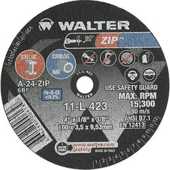 WALTER Surface Technologies - 4" 24 Grit Aluminum Oxide Cutoff Wheel - 1/8" Thick, 3/8" Arbor, 19,100 Max RPM, Use with Die Grinders - Eagle Tool & Supply