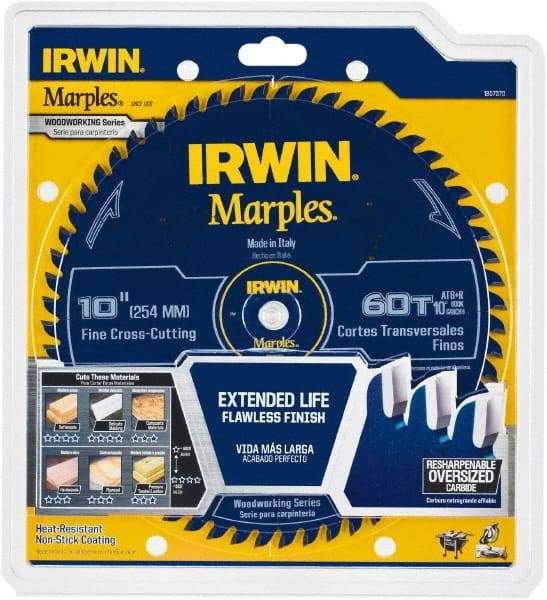 Irwin Blades - 10" Diam, 5/8" Arbor Hole Diam, 60 Tooth Wet & Dry Cut Saw Blade - Carbide-Tipped, Finishing Action, Standard Round Arbor - Eagle Tool & Supply