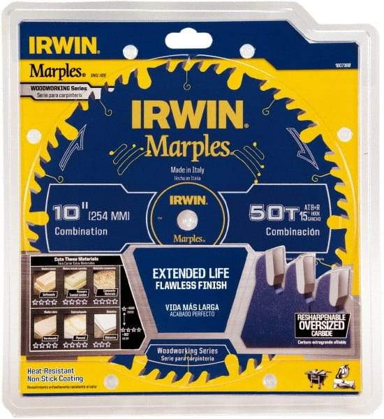 Irwin Blades - 10" Diam, 5/8" Arbor Hole Diam, 50 Tooth Wet & Dry Cut Saw Blade - Carbide-Tipped, Finishing Action, Standard Round Arbor - Eagle Tool & Supply