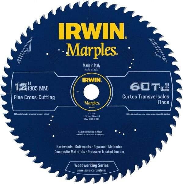 Irwin - 12" Diam, 1" Arbor Hole Diam, 60 Tooth Wet & Dry Cut Saw Blade - Carbide-Tipped, Finishing Action, Standard Round Arbor - Eagle Tool & Supply