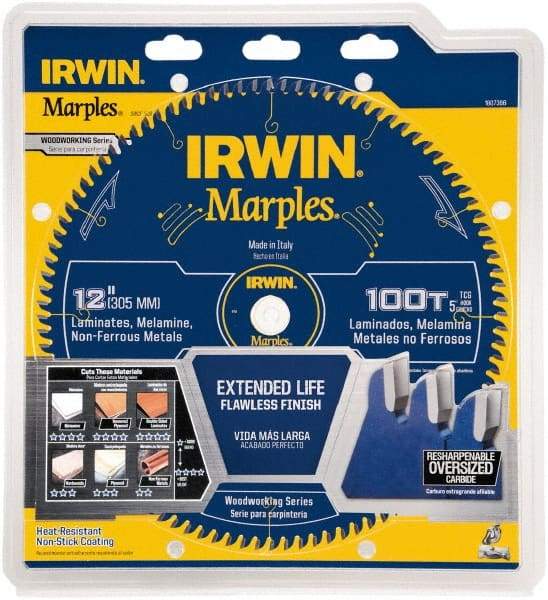 Irwin - 12" Diam, 1" Arbor Hole Diam, 100 Tooth Wet & Dry Cut Saw Blade - Carbide-Tipped, Finishing Action, Standard Round Arbor - Eagle Tool & Supply