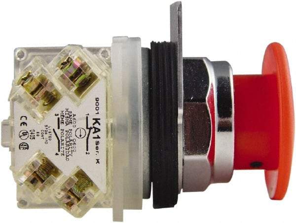 Schneider Electric - 30mm Mount Hole, Extended Mushroom Head, Pushbutton Switch with Contact Block - Round, Red Pushbutton, Maintained (MA) - Eagle Tool & Supply