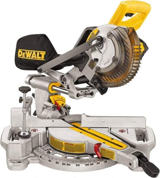 DeWALT - 4 Amp, 20 Volt, 3,750 RPM, 48° Left Single Bevel Sliding Miter Saw - 5/8" Arbor, 7-1/4" Blade Diam, Includes Battery Charger & Battery - Eagle Tool & Supply
