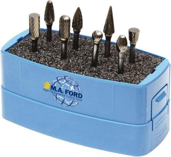 M.A. Ford - 8 Piece, 3mm Shank Burr Set - Solid Carbide, Multiple Head Shapes, 3° Included Angle - Eagle Tool & Supply