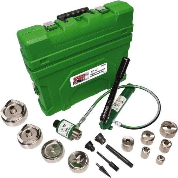 Greenlee - 18 Piece, 0.885 to 4.544" Punch Hole Diam, Power Knockout Set - Round Punch, 10 Gage Mild Steel - Eagle Tool & Supply