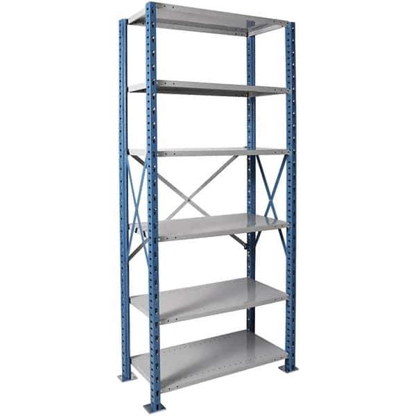 Hallowell - 6 Shelf Starter Heavy-Duty Open Steel Shelving - 800 Lb Capacity, 36" Wide x 87" High x 24" Deep, Blue/Platinum - Eagle Tool & Supply