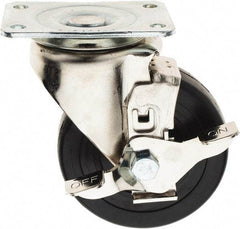 E.R. Wagner - 4" Diam x 1-1/4" Wide x 5-1/8" OAH Top Plate Mount Swivel Caster with Brake - Soft Rubber, 165 Lb Capacity, Delrin Bearing, 2-3/4 x 3-3/4" Plate - Eagle Tool & Supply