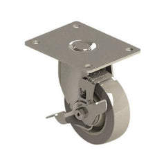 E.R. Wagner - 4" Diam x 1-1/4" Wide x 5-1/8" OAH Top Plate Mount Swivel Caster with Brake - TPR, 275 Lb Capacity, Precision Ball Bearing, 4 x 5" Plate - Eagle Tool & Supply