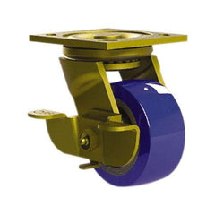 E.R. Wagner - 4" Diam x 2" Wide x 5-5/8" OAH Top Plate Mount Swivel Caster with Brake - Mold on Polyurethane, 750 Lb Capacity, Roller Bearing, 4 x 4-1/2" Plate - Eagle Tool & Supply