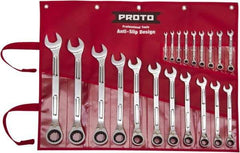 Proto - 20 Piece, 6mm to 32mm, Ratcheting Combination Wrench Set - Metric Measurement Standard, Full Polish Finish, Comes in Pouch - Eagle Tool & Supply