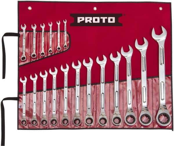 Proto - 18 Piece, 1/4" to 1-1/4", Ratcheting Combination Wrench Set - Inch Measurement Standard, Full Polish Finish, Comes in Pouch - Eagle Tool & Supply