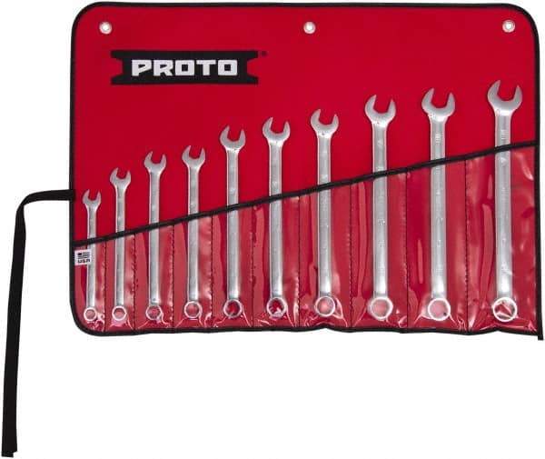 Proto - 10 Piece, 10mm to 19mm, 6 Point Combination Wrench Set - Metric Measurement Standard, Full Polish Finish, Comes in Tool Roll - Eagle Tool & Supply