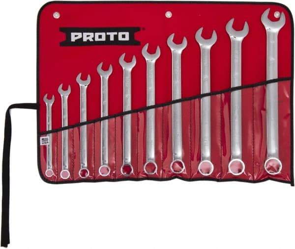 Proto - 10 Piece, 7/16" to 1", 6 Point Combination Wrench Set - Inch Measurement Standard, Full Polish Finish, Comes in Tool Roll - Eagle Tool & Supply