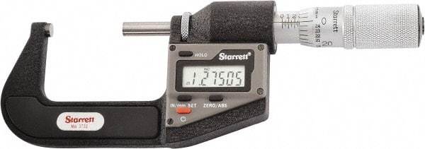Starrett - 25.4 to 50.8 mm Range, 0.0001" Resolution, Standard Throat, Electronic Outside Micrometer - 0.0001" Accuracy, Friction Thimble, Micro Lapped Carbide Face, CR2450 Battery, Includes 3V Battery - Eagle Tool & Supply