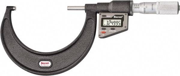 Starrett - 76 to 101 mm Range, 0.0001" Resolution, Standard Throat, Electronic Outside Micrometer - 0.0002" Accuracy, Friction Thimble, Micro Lapped Carbide Face, CR2450 Battery, Includes 3V Battery - Eagle Tool & Supply