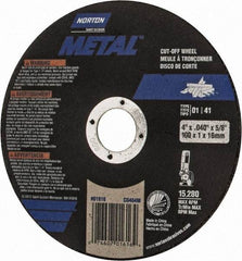 Norton - 4" Aluminum Oxide Cutoff Wheel - 0.04" Thick, 5/8" Arbor, 15,280 Max RPM, Use with Stationary Tools - Eagle Tool & Supply