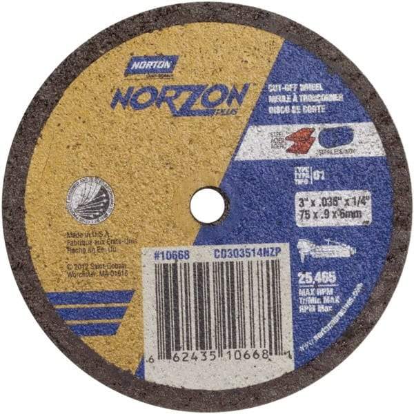 Norton - 3" Ceramic Cutoff Wheel - 0.035" Thick, 1/4" Arbor, Use with Angle Grinders - Eagle Tool & Supply