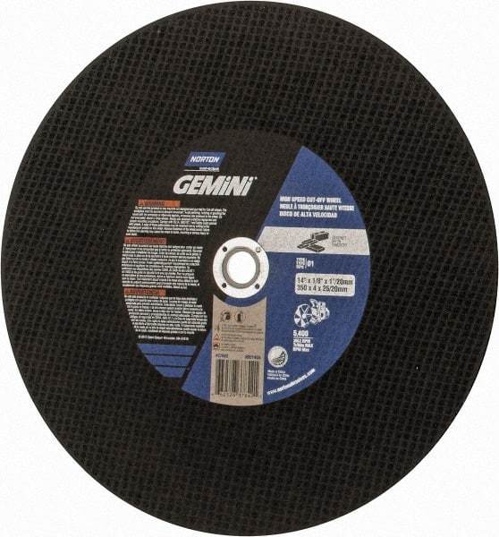 Norton - 14" Aluminum Oxide Cutoff Wheel - 1/8" Thick, 1" Arbor, Use with Die Grinders - Eagle Tool & Supply