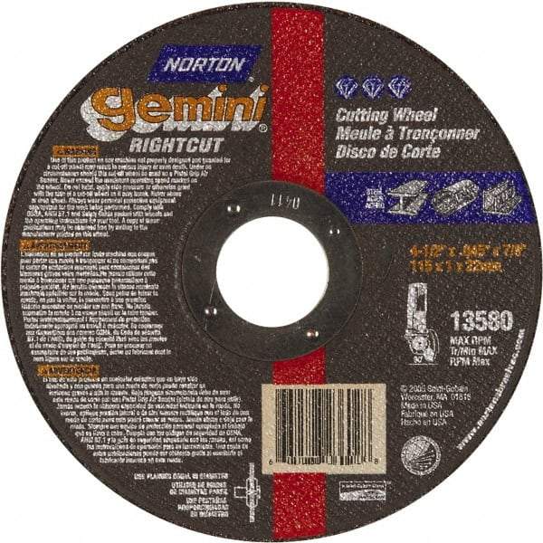 Norton - 4-1/2" Aluminum Oxide Cutoff Wheel - 0.045" Thick, 7/8" Arbor, Use with Die Grinders - Eagle Tool & Supply