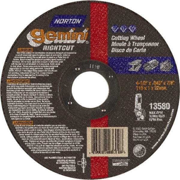 Norton - 5" Aluminum Oxide Cutoff Wheel - 0.045" Thick, 7/8" Arbor, Use with Die Grinders - Eagle Tool & Supply