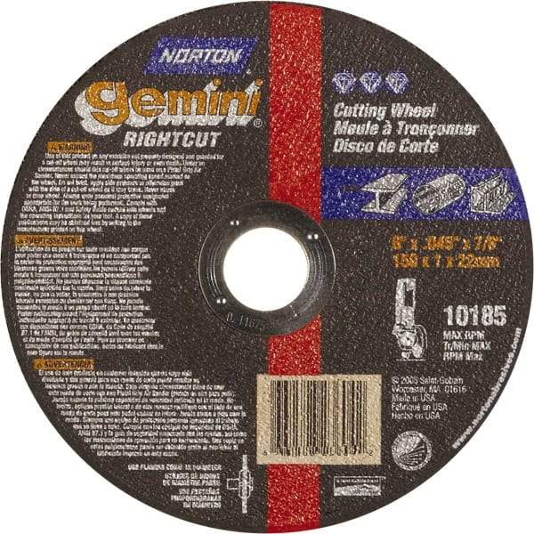 Norton - 6" Aluminum Oxide Cutoff Wheel - 0.045" Thick, 7/8" Arbor, Use with Die Grinders - Eagle Tool & Supply