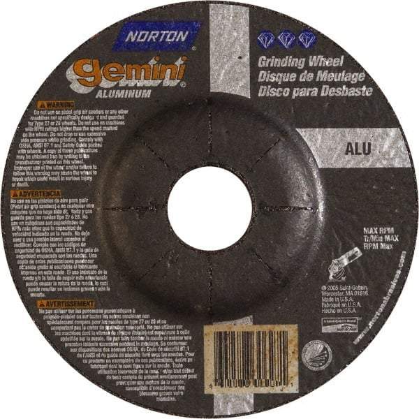 Norton - 24 Grit, 5" Wheel Diam, 1/4" Wheel Thickness, 7/8" Arbor Hole, Type 27 Depressed Center Wheel - Aluminum Oxide - Eagle Tool & Supply