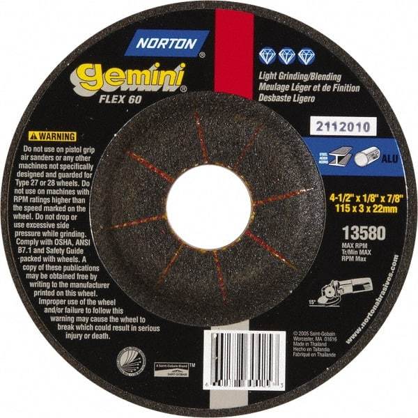 Norton - 60 Grit, 4-1/2" Wheel Diam, 1/8" Wheel Thickness, 7/8" Arbor Hole, Type 27 Depressed Center Wheel - Aluminum Oxide, 12,000 Max RPM - Eagle Tool & Supply
