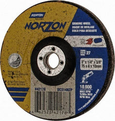Norton - 24 Grit, 3" Wheel Diam, 1/4" Wheel Thickness, 3/8" Arbor Hole, Type 27 Depressed Center Wheel - Ceramic, 18,000 Max RPM - Eagle Tool & Supply