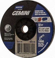Norton - 24 Grit, 3" Wheel Diam, 1/4" Wheel Thickness, 3/8" Arbor Hole, Type 27 Depressed Center Wheel - Aluminum Oxide, 18,000 Max RPM - Eagle Tool & Supply