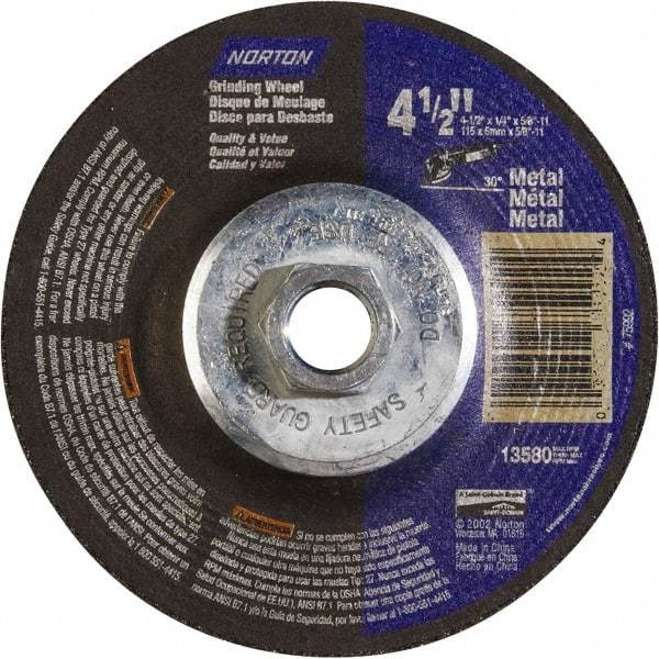 Norton - 24 Grit, 4-1/2" Wheel Diam, 1/4" Wheel Thickness, Type 27 Depressed Center Wheel - Aluminum Oxide - Eagle Tool & Supply