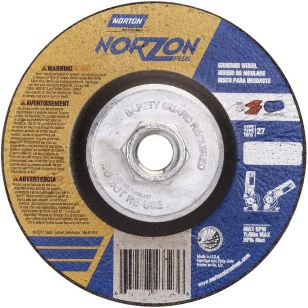 Norton - 24 Grit, 5" Wheel Diam, 1/8" Wheel Thickness, Type 27 Depressed Center Wheel - Ceramic - Eagle Tool & Supply