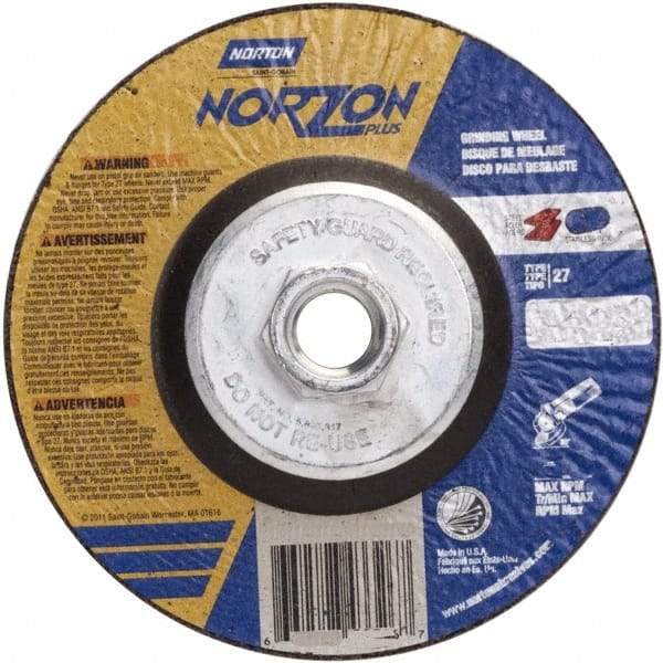 Norton - 24 Grit, 5" Wheel Diam, 1/4" Wheel Thickness, Type 27 Depressed Center Wheel - Ceramic, 12,225 Max RPM - Eagle Tool & Supply
