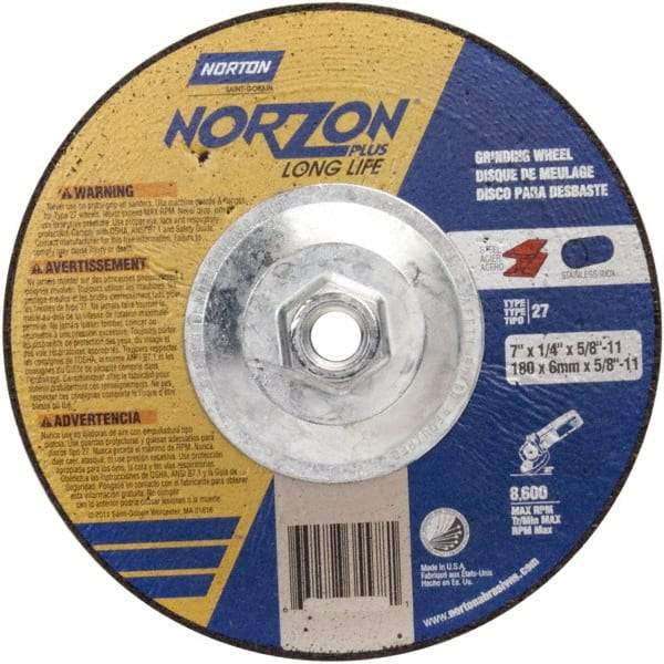 Norton - 24 Grit, 5" Wheel Diam, 1/4" Wheel Thickness, Type 27 Depressed Center Wheel - Ceramic - Eagle Tool & Supply