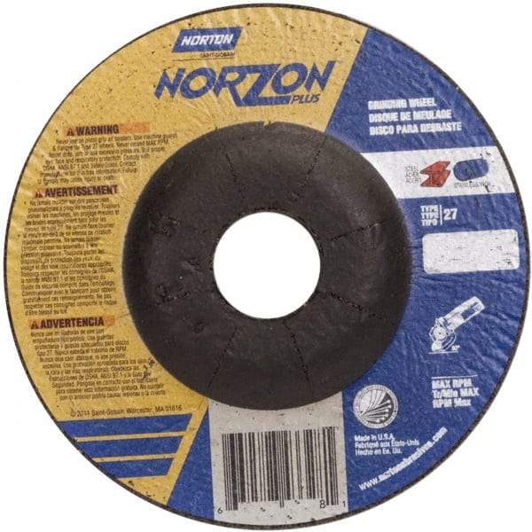 Norton - 24 Grit, 5" Wheel Diam, 1/4" Wheel Thickness, 7/8" Arbor Hole, Type 27 Depressed Center Wheel - Ceramic, 12,225 Max RPM - Eagle Tool & Supply