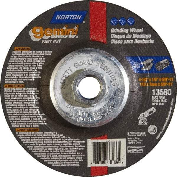 Norton - 24 Grit, 4-1/2" Wheel Diam, 1/4" Wheel Thickness, Type 27 Depressed Center Wheel - Aluminum Oxide - Eagle Tool & Supply